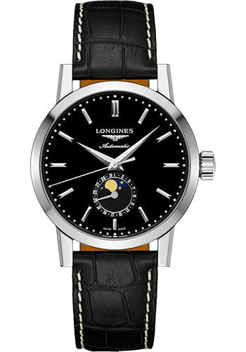 Longines 1832 Moon Phase Watch - 40 mm Steel Case - Black Dial - Black Alligator Strap - L4.826.4.52.0