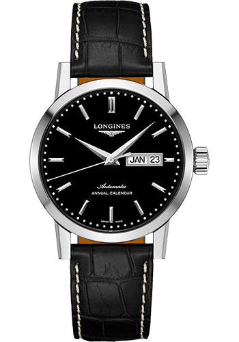 Longines 1832 Annual Calendar Watch - 40 mm Steel Case - Black Dial - Black Alligator Strap - L4.827.4.52.0