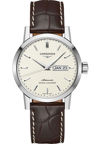 Longines 1832 Annual Calendar Watch - 40 mm Steel Case - Beige Dial - Brown Alligator Strap - L4.827.4.92.2