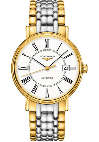 Longines PrŽsence Automatic Watch - 40 mm Steel And Yellow PVD Case - White Roman Dial - Bracelet - L4.922.2.11.7