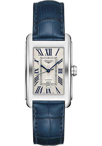 Longines DolceVita Automatic Watch - 27.70 X 43.8 mm Steel Case - Silver FlinquŽ Roman Dial - Blue Alligator Strap - L5.757.4.71.9