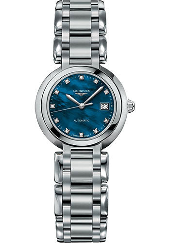 Longines PrimaLuna Automatic Watch - 26.5 mm Steel Case - Blue Mother-Of-Pearl Diamond Dial - Bracelet - L8.111.4.98.6