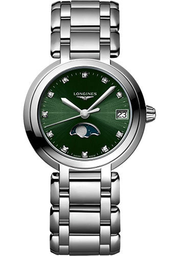 Longines PrimaLuna Moon Phase Quartz Watch - 30.5 mm Steel Case - Green Diamond Dial - Bracelet - L8.115.4.67.6