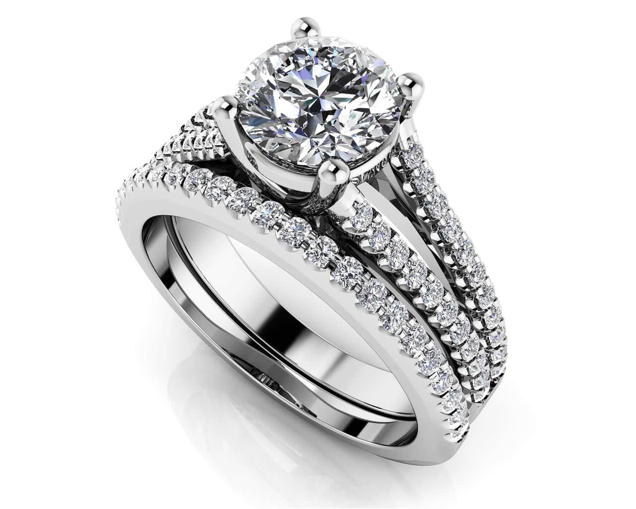 Diamond Lined Split Shank Matching Wedding Set Diamond  with 1.49 ct. (1.00 ct. center diamond)