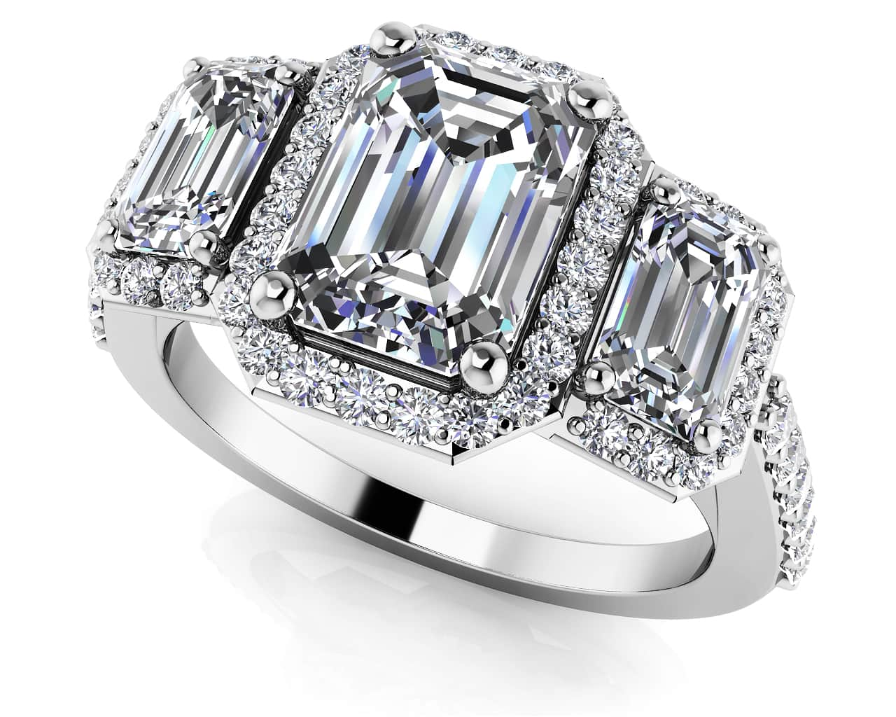 Sparkling Three Stone Emerald Cut Engagement Ring Lab-Grown Diamond  with 2.91 ct. (1.50 ct. center diamond)