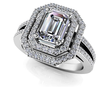 Modern Emerald Cut Double Halo Ring Diamond  with 1.21 ct. (0.70 ct. center diamond)