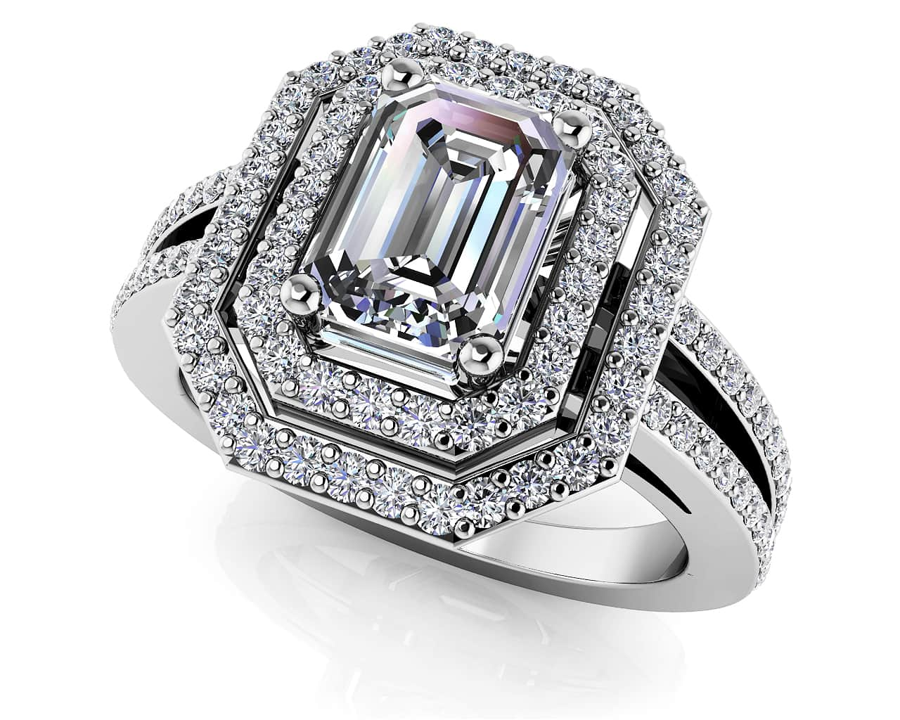 Modern Emerald Cut Double Halo Ring Lab-Grown Diamond  with 2.06 ct. (1.50 ct. center diamond)