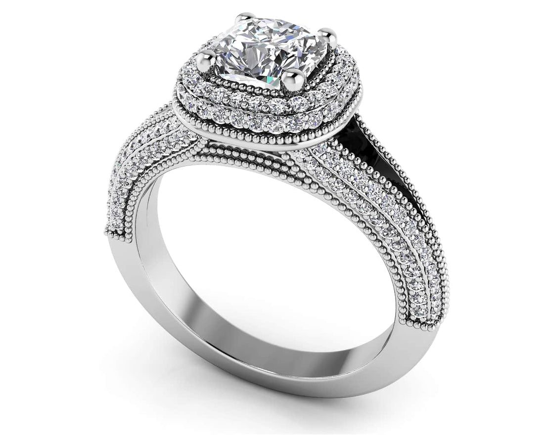 Milgrain Cushion Cut Halo Ring Diamond  with 1.14 ct. (0.50 ct. center diamond)