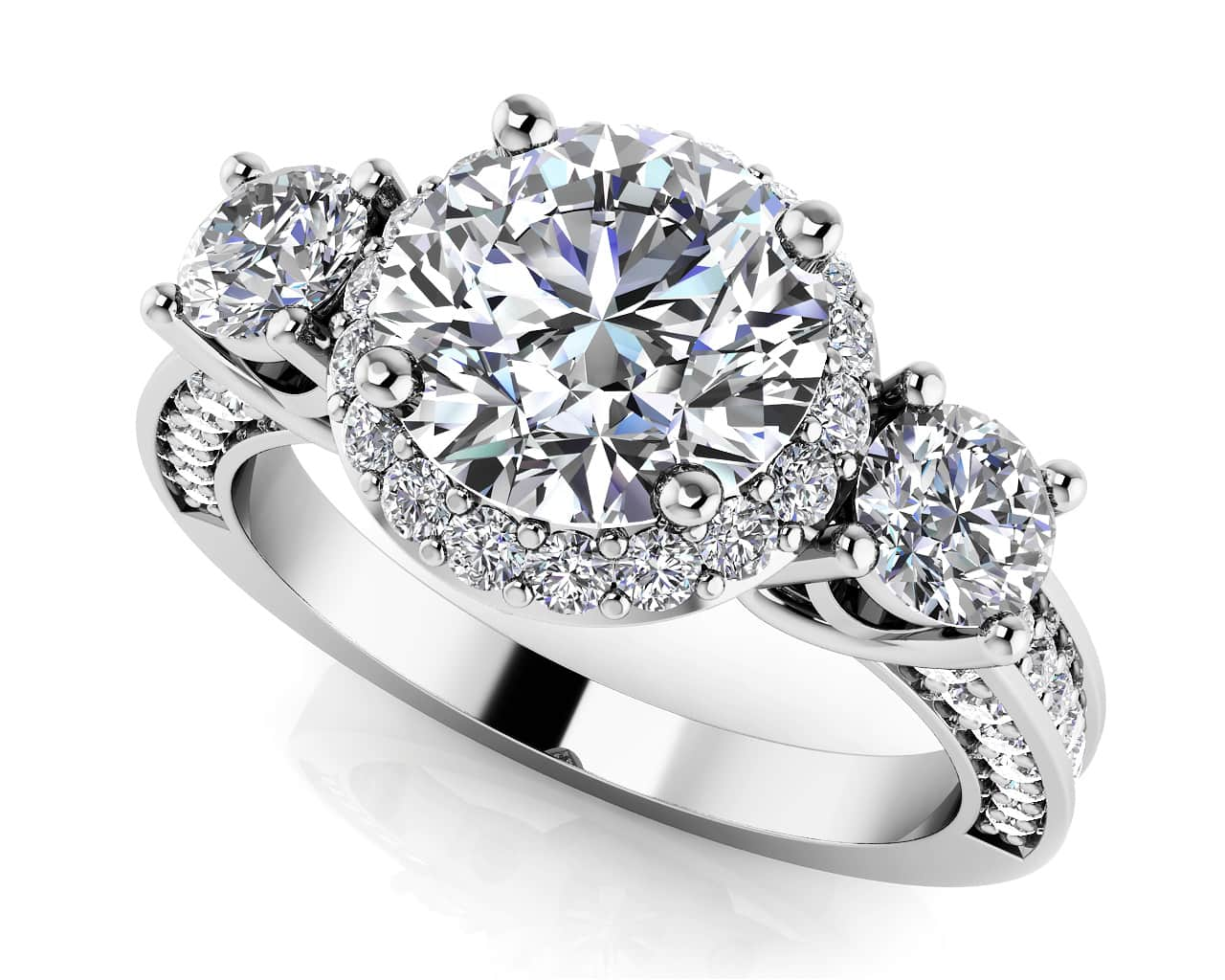 Exquisite Three Stone Diamond Halo Engagement Ring Lab-Grown Diamond  with 1.12 ct. (0.50 ct. center diamond)