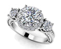 Exquisite Three Stone Diamond Halo Engagement Ring Lab-Grown Diamond  with 1.12 ct. (0.50 ct. center diamond)