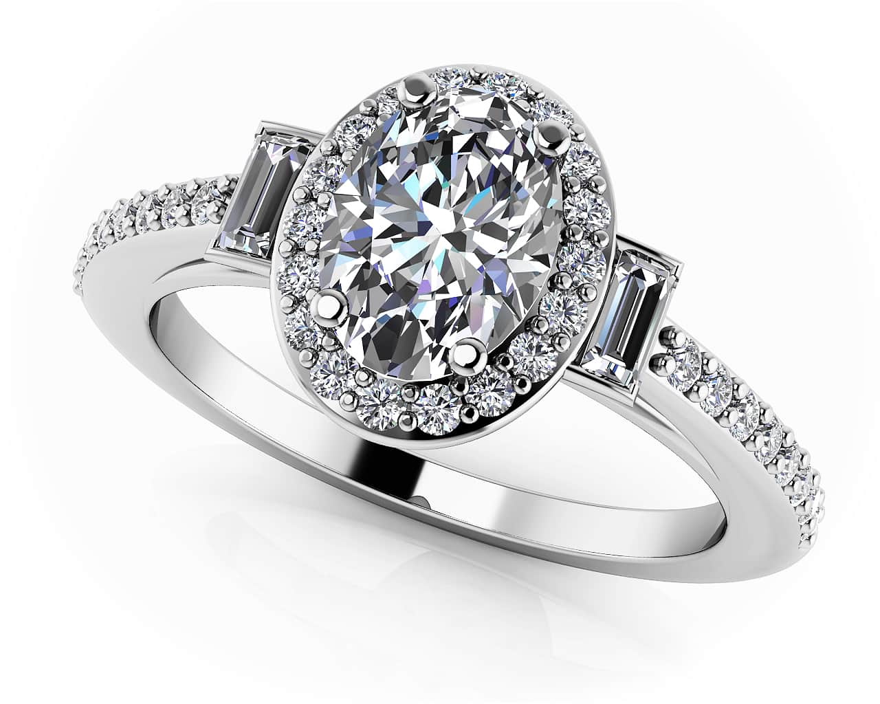 Luxurious Oval And Baguette Halo Diamond Ring Diamond  with 1.38 ct. (1.00 ct. center diamond)