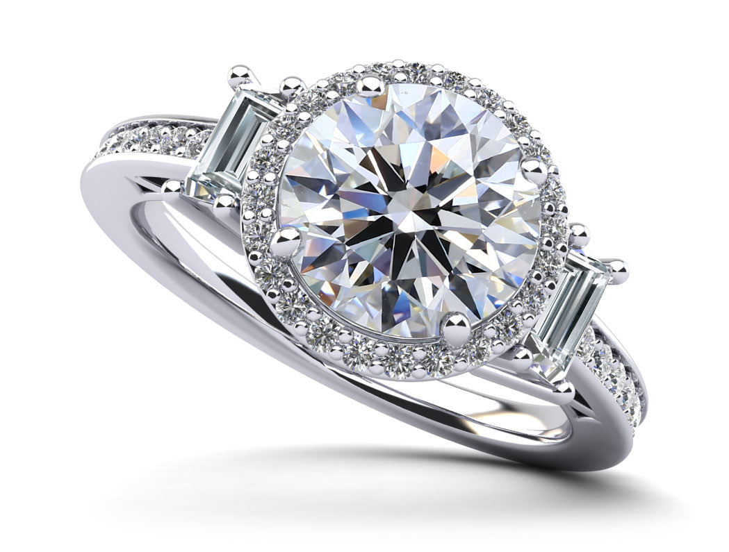 Three Stone Halo with Side Stones Engagement Ring Lab-Grown Diamond  with 1.00 ct. (0.50 ct. center diamond)