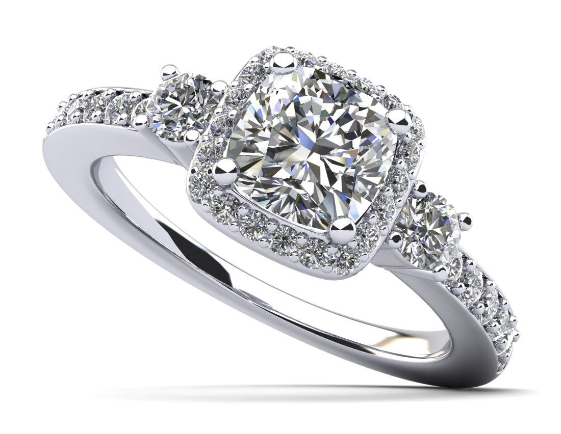 Cushion Cut Halo Diamond Engagement Ring with Side Stones Lab-Grown Diamond  with 1.00 ct. (0.50 ct. center diamond)