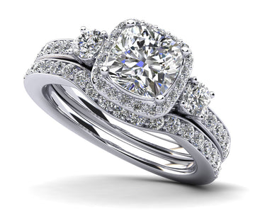 Cushion Cut Halo Diamond Bridal Set Ring with Side Stones Lab-Grown Diamond  with 1.29 ct. (0.50 ct. center diamond)