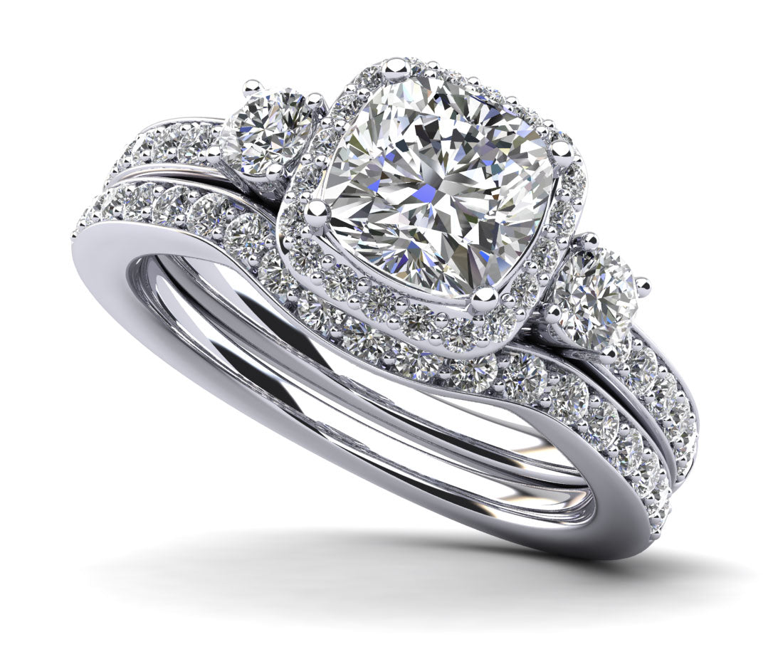 Cushion Cut Halo Diamond Bridal Set Ring with Side Stones Diamond  with 2.32 ct. (1.50 ct. center diamond)