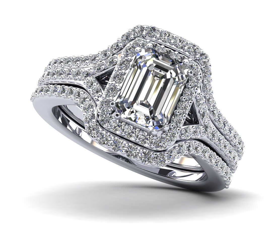 Emerald Cut Halo Diamond Wedding Set Ring with Split Shank Diamond  with 1.25 ct. (0.70 ct. center diamond)