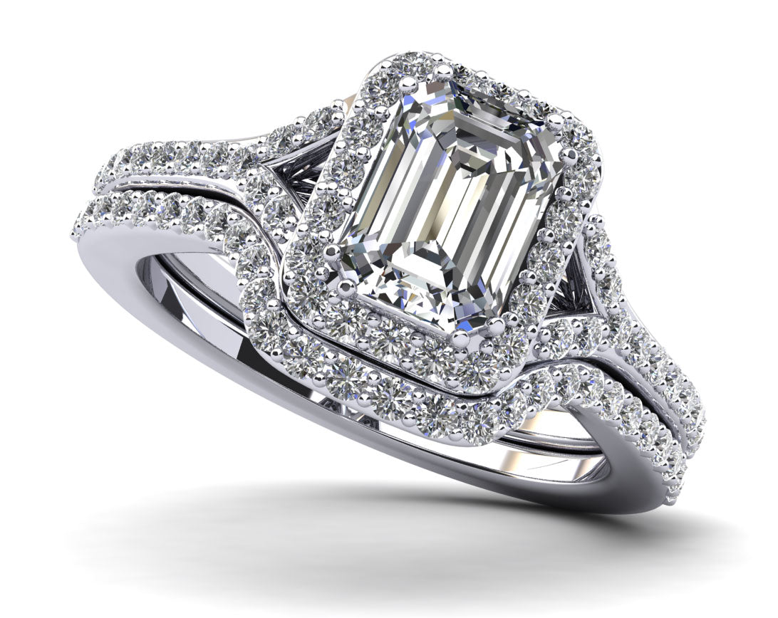 Emerald Cut Halo Diamond Bridal Set Ring with Split Shank Diamond  with 1.10 ct. (0.70 ct. center diamond)