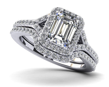 Emerald Cut Halo Diamond Bridal Set Ring with Split Shank Diamond  with 2.91 ct. (2.00 ct. center diamond)