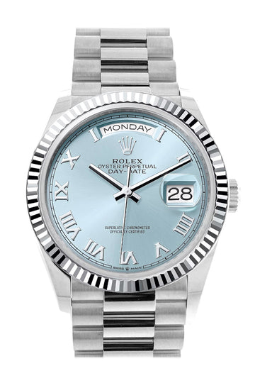 Rolex Day-Date 36 Ice Blue Roman Dial Fluted Bezel Platinum President Watch 128236