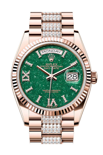 Rolex Day-Date 36 Aventurine Diamond Dial Fluted Bezel 18K Everose gold Diamond  President Watch 128235