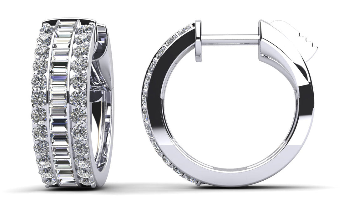 Three Rows Baguette and Round Huggie Hoop Earrings Diamond  with 0.90 ct.(finished) 1.7x1.2mm, 1.3mm