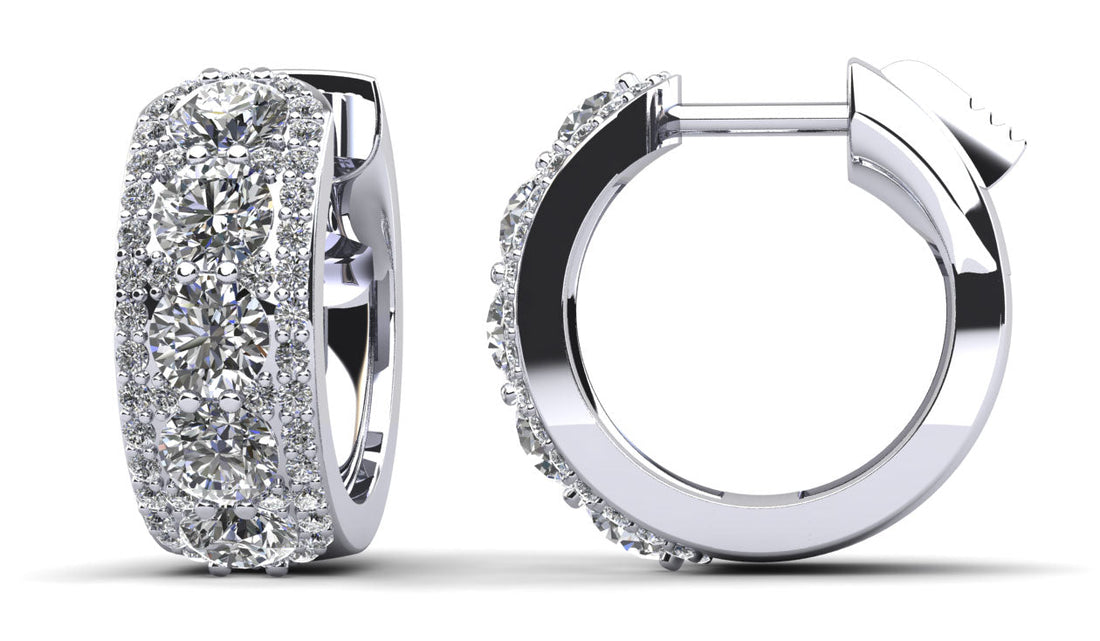 Three Rows Bold and Round Huggie Hoop Earrings Diamond  with 2.04 ct.(finished) 1mm, 3.5mm