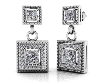 Diamond Square Drop Earrings Lab-Grown Diamond  with 1.38 ct.(finished) 1.1mm, 3mm, 4mm