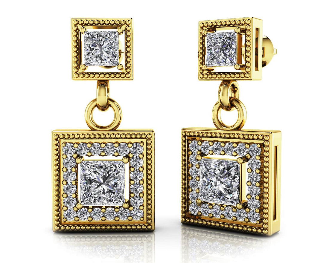 Diamond Square Drop Earrings Diamond  with 1.38 ct.(finished) 1.1mm, 3mm, 4mm