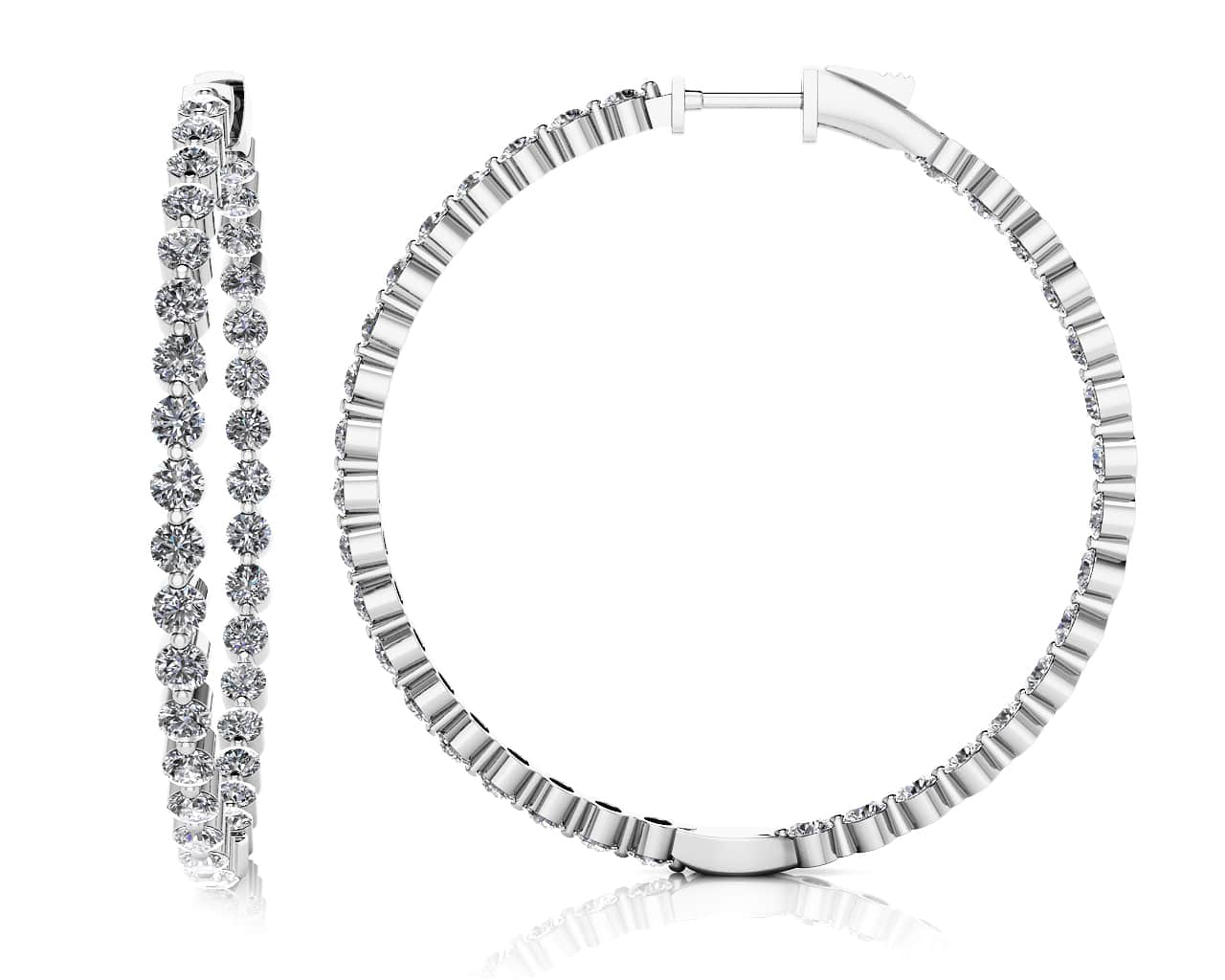 Shared Prong Diamond Hoop Earrings Extra Large Diamond  with 4.18 ct.(finished) 2.4mm