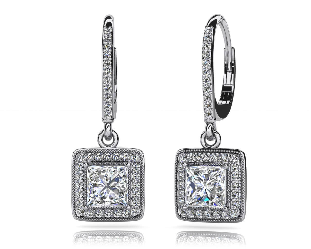 Milgrain Princess Cut Diamond Drop Earrings Lab-Grown Diamond  with 0.67 ct. (2X0.16 ct. center diamonds)