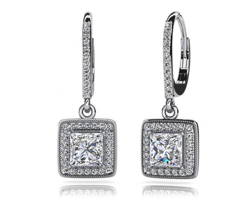 Milgrain Princess Cut Diamond Drop Earrings Diamond  with 2.11 ct. (2X0.88 ct. center diamonds)