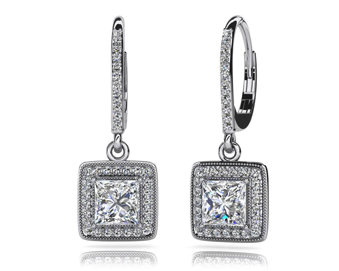 Milgrain Princess Cut Diamond Drop Earrings Diamond  with 0.67 ct. (2X0.16 ct. center diamonds)