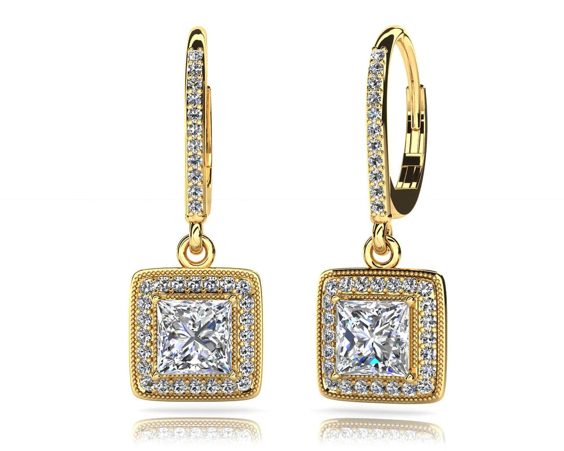 Milgrain Princess Cut Diamond Drop Earrings Lab-Grown Diamond  with 0.67 ct. (2X0.16 ct. center diamonds)