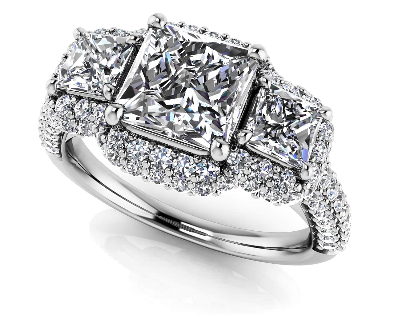 Three Stone Diamond Double Halo Anniversary Ring Lab-Grown Diamond  with 2.09 ct. (1.00 ct. center diamond)