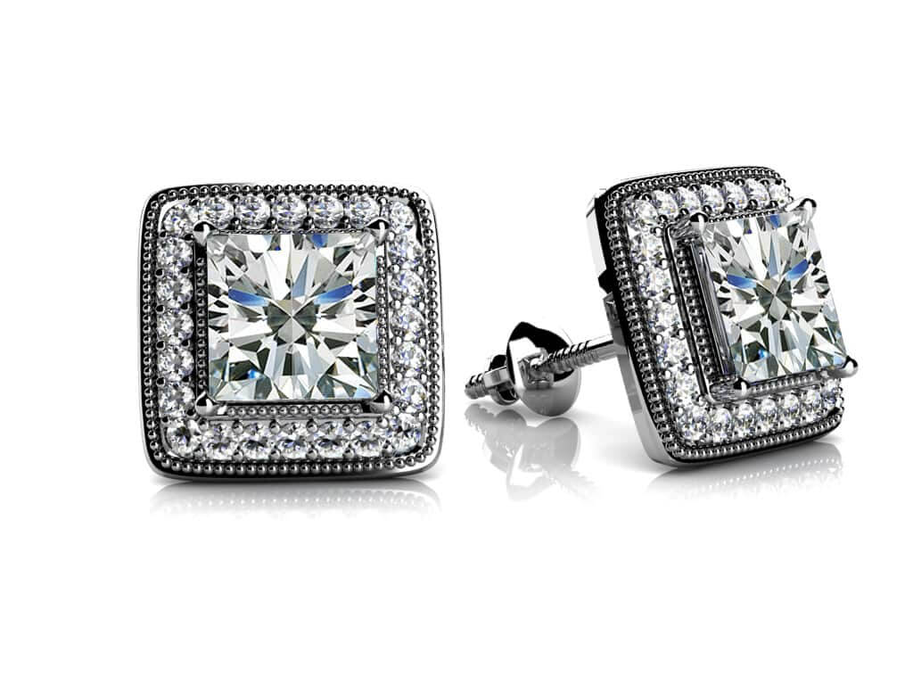 Milgrain Princess Cut Diamond Stud Earrings Lab-Grown Diamond  with 1.00 ct. (2X0.40 ct. center diamonds)