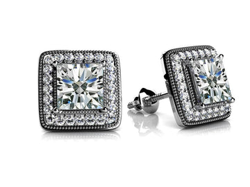 Milgrain Princess Cut Diamond Stud Earrings Diamond  with 0.52 ct. (2X0.15 ct. center diamonds)