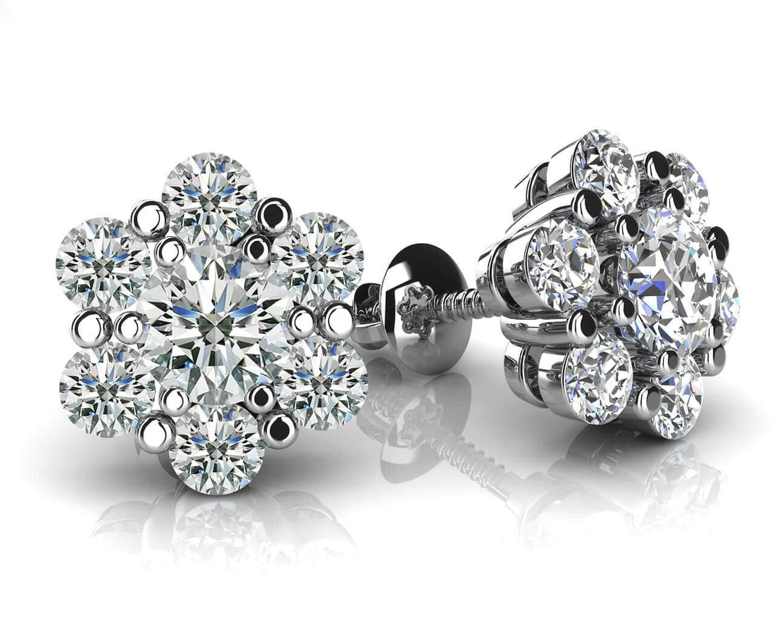 Flower Shaped Diamond Cluster Stud Earrings Diamond  with 1.00 ct.(finished) 2.4mm, 3.7mm