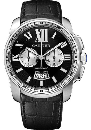 Cartier Calibre de Cartier Chronograph Watch - 42 mm Steel Case - Black Dial - Black Alligator Strap - W7100060