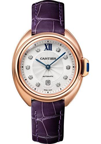 Cartier Cle de Cartier Watch - 31 mm Pink Gold Case - Silvered Diamond Dial - Aubergine Alligator Strap - WJCL0031