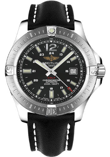 Breitling Colt Automatic Watch - 44mm Steel Case - Volcano Black Dial - Black Leather Strap - A1738811/BD44/435X/A20BA.1