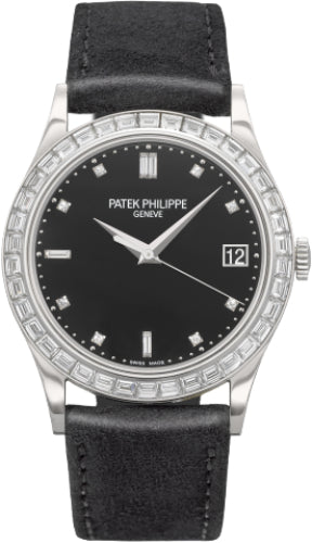 Patek Philippe Calatrava Black Baguette Diamond Bezel Date Platinum Leather | 5298P-012