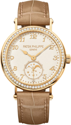 Patek Philippe Complications Moon Phase Manual Ladies Yellow Gold Diamond Bezel 33mm Cream Dial Alligator Leather Strap | 7121J-001