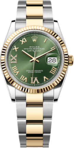 Rolex Datejust 36 Yellow Gold/Steel Olive Green Roman Diamond VIIX Dial & Fluted Bezel Oyster Bracelet | 126233