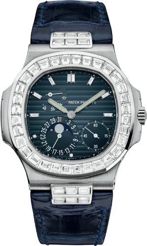 Patek Philippe Nautilus 40mm Black-Blue Baguette Diamond Bezel Moon Phase Date White Gold Leather Automatic | 5724G-001