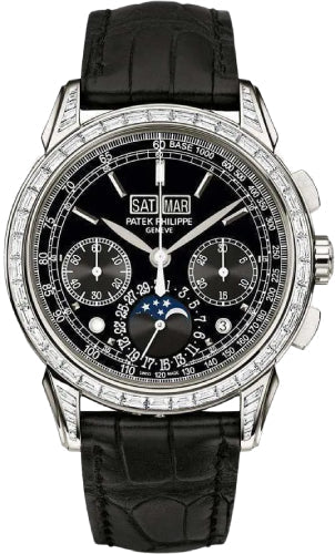 Patek Philippe Grand Complications Perpetual Calendar Moon Phases Chronograph Platinum Diamond Baguette Black | 5271P-001