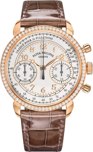 Patek Philippe Complications 38mm Chronograph Rose Gold Silver Opaline Dial Diamond Bezel - 7150/250R-001