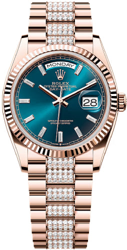 Rolex Day-Date 36 36mm Blue Green Diamond-Set Dial Fluted Bezel President Bracelet - 128235