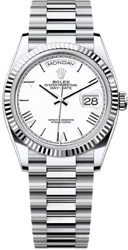 Rolex Day-Date 36 36mm White Dial Fluted Bezel President Bracelet - 128236