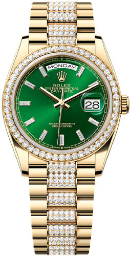 Rolex Day-Date 36 36mm Bright Green Diamond-Set Dial Diamond-Set Bezel with Diamond-Set President Bracelet - 128348RBR