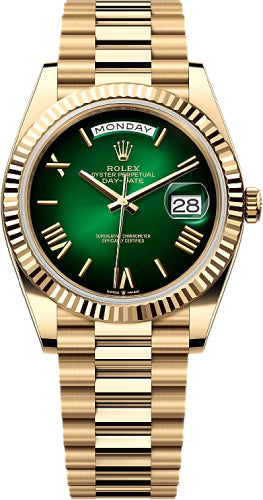 Rolex Day-Date 40 40mm Green Ombré Roman Dial Fluted Bezel President Bracelet - 228238